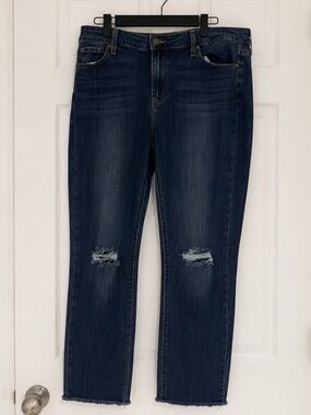 PAIGE Skyline cropped Dark Blue Straight Leg Jeans with Knee Distressing size 32